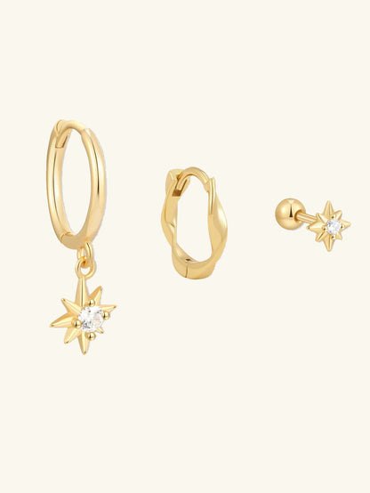 S925 Sterling Silver Starburst Huggie Hoops Earrings Set