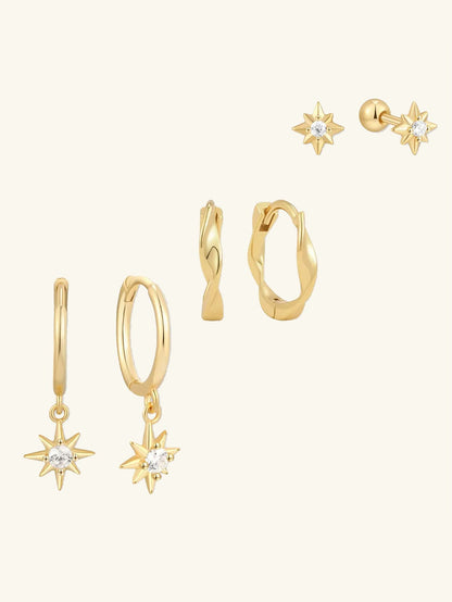 S925 Sterling Silver Starburst Huggie Hoops Earrings Set