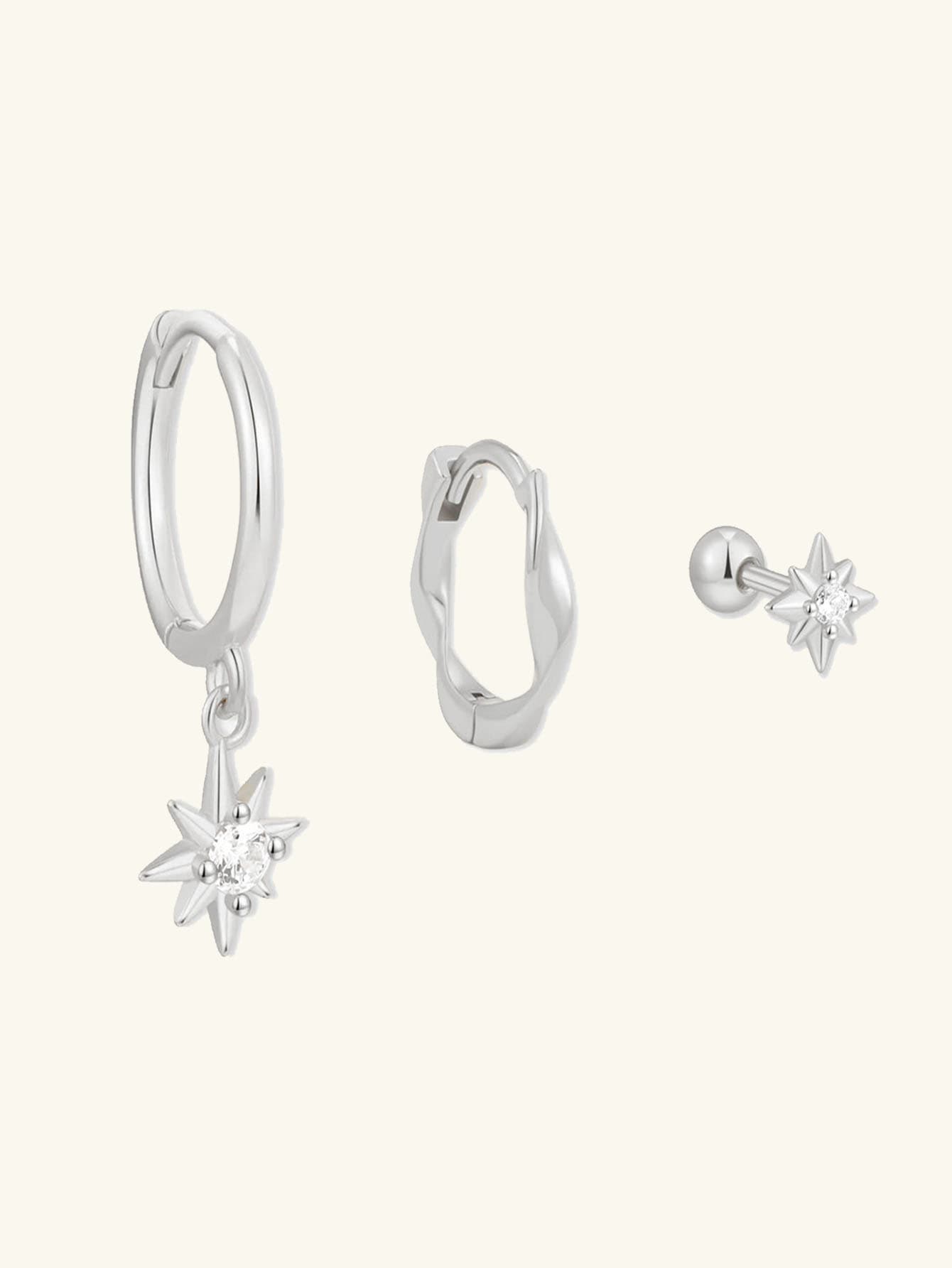S925 Sterling Silver Starburst Huggie Hoops Earrings Set