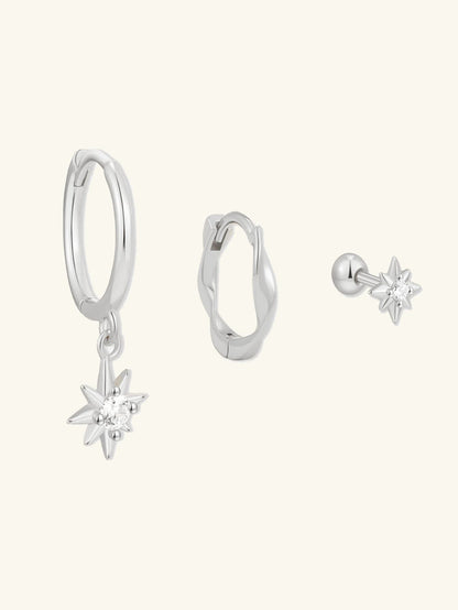 S925 Sterling Silver Starburst Huggie Hoops Earrings Set