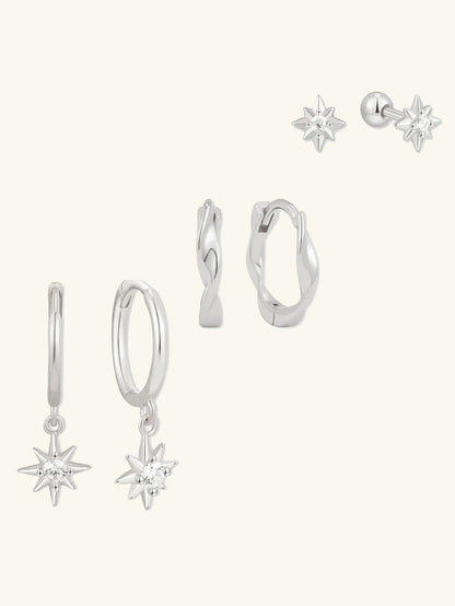 S925 Sterling Silver Starburst Huggie Hoops Earrings Set