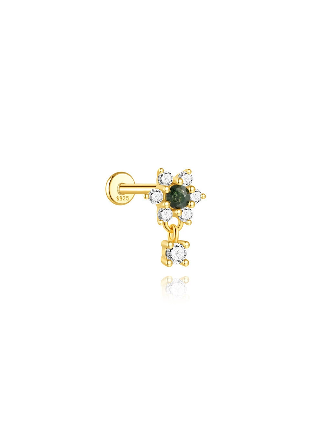 S925 Floral Natural Moss Agate Flatback Piercing Stud