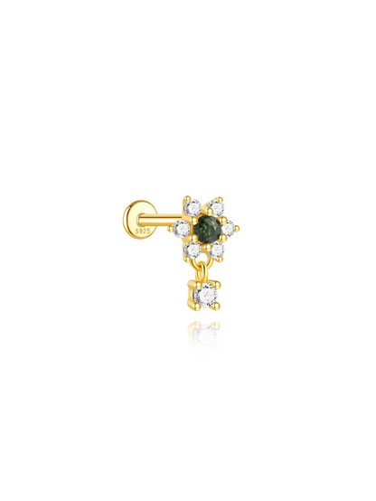 S925 Floral Natural Moss Agate Flatback Piercing Stud