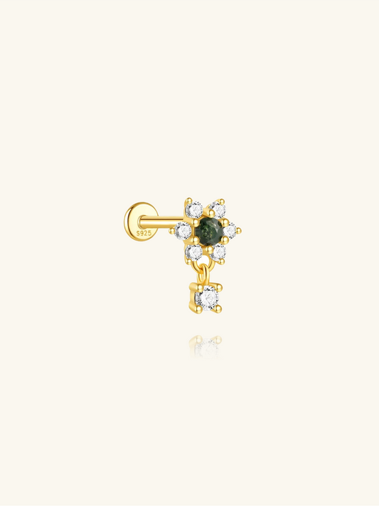 S925 Floral Natural Moss Agate Flatback Piercing Stud
