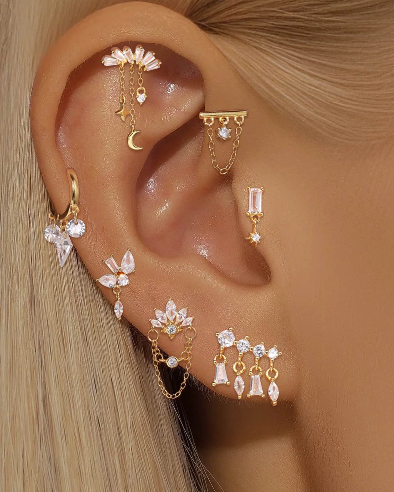 S925 Gold Plated Sterling Silver Waterproof Crown Diamond Tassel Helix Earrings Series