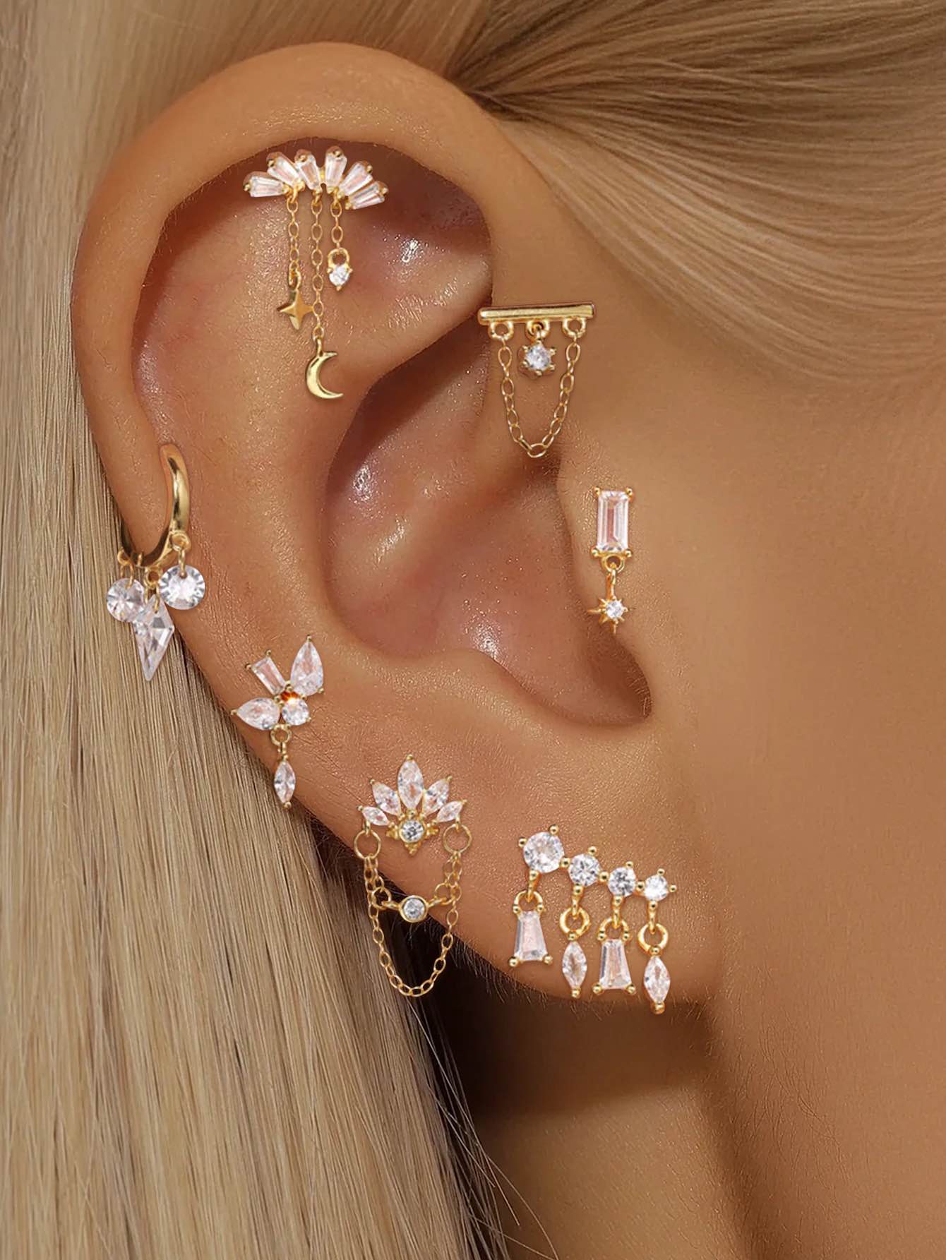 S925 Gold Plated Sterling Silver Waterproof Crown Diamond Tassel Helix Earrings Series