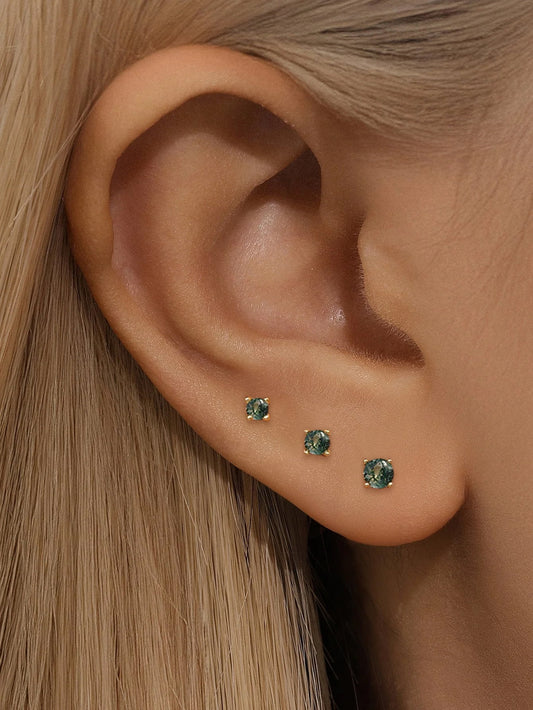 S925 Minimalist Natural Moss Agate Flatback Piercing Stud