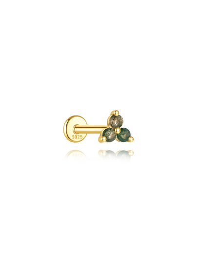 S925 Minimalist Triple Natural Moss Agate Flatback Piercing Stud