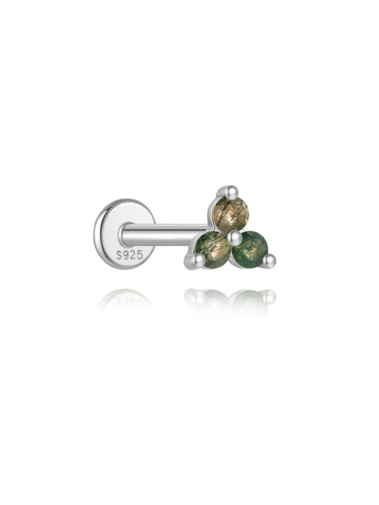S925 Minimalist Triple Natural Moss Agate Flatback Piercing Stud