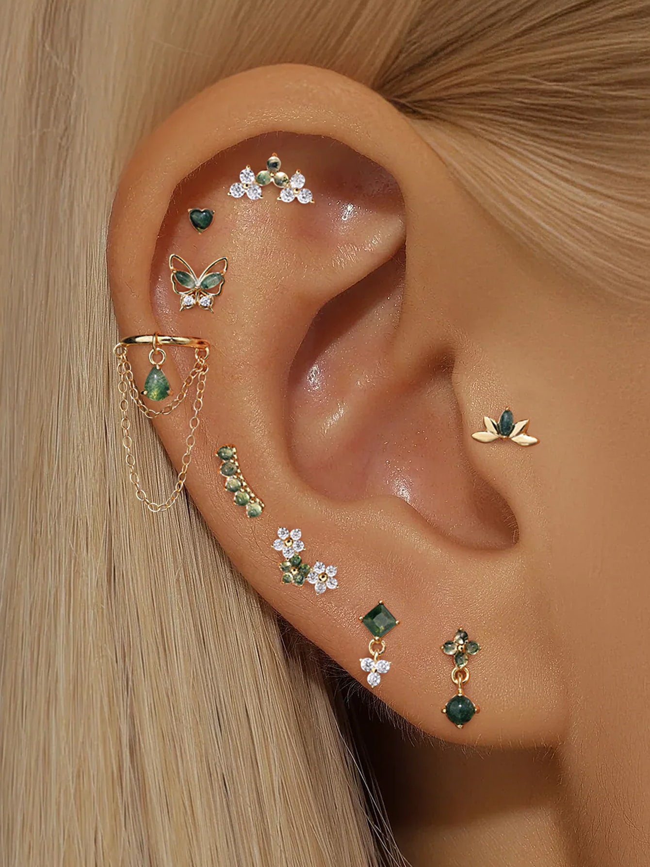 S925 Moss Agate Butterfly Flatback Stud Piercing Earrings Series