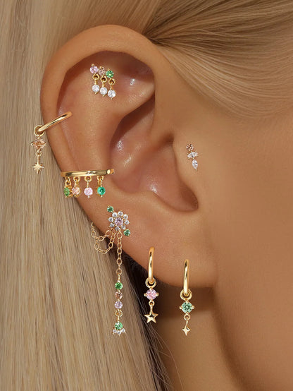 S925 Sterling Silver Geometric Tassel Cubic Zirconia Dangle Earrings