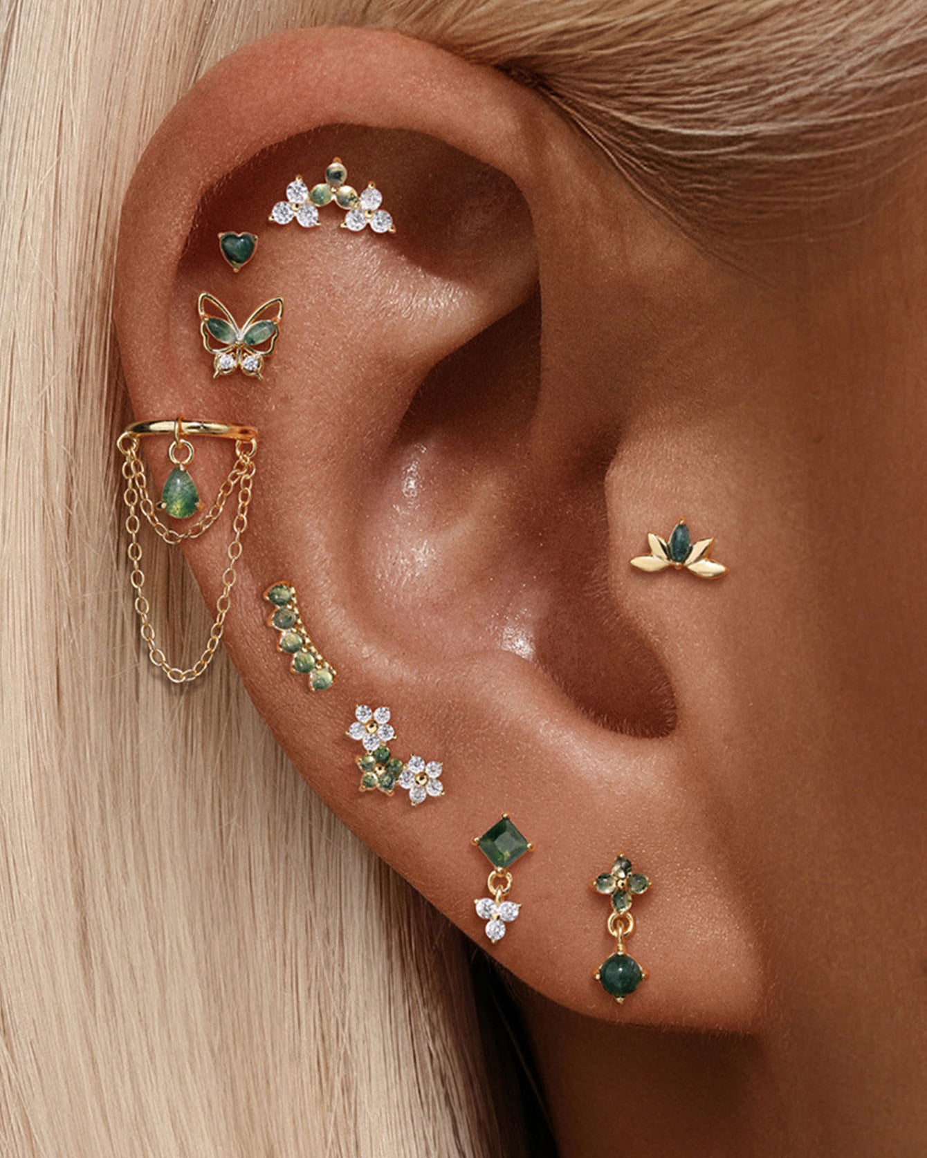 S925 Moss Agate Flower Flatback Stud Piercing Earring