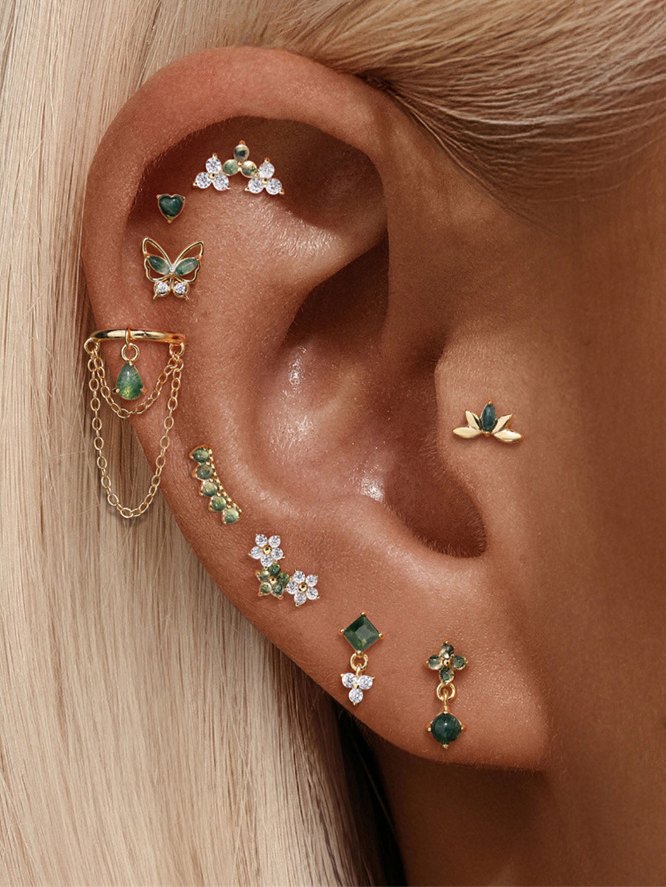 S925 Moss Agate Flower Flatback Stud Piercing Earring