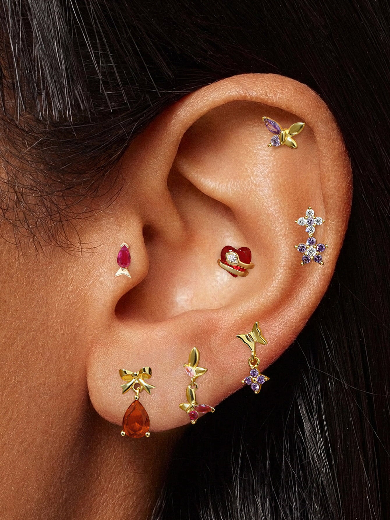 925 Sterling Silver Snake Wrapped Red Heart Flat Back Stud