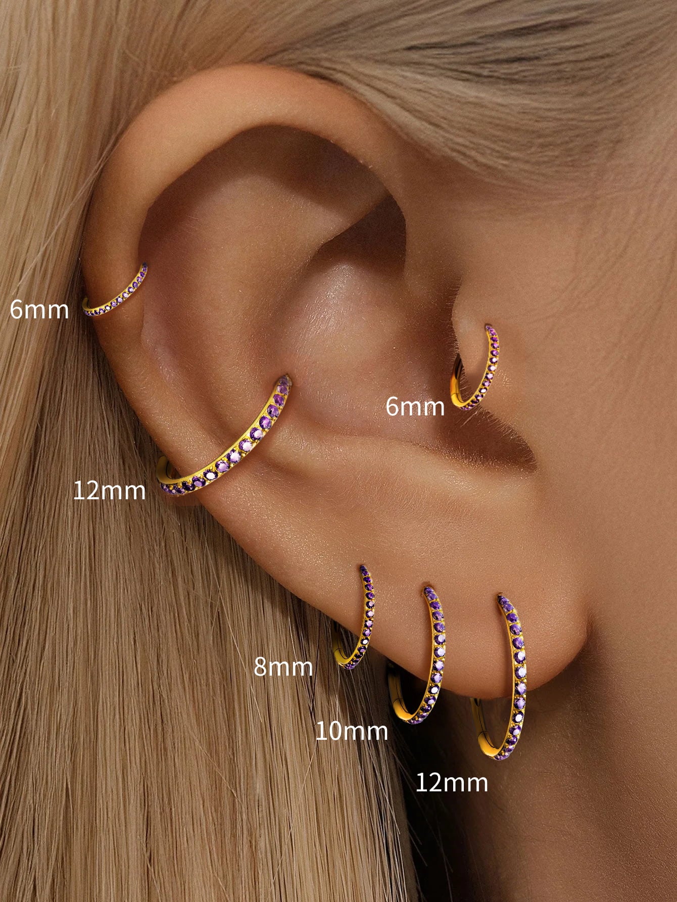 Titanium Waterproof Multiple Sizes Purple Zircon Cartilage Hoop