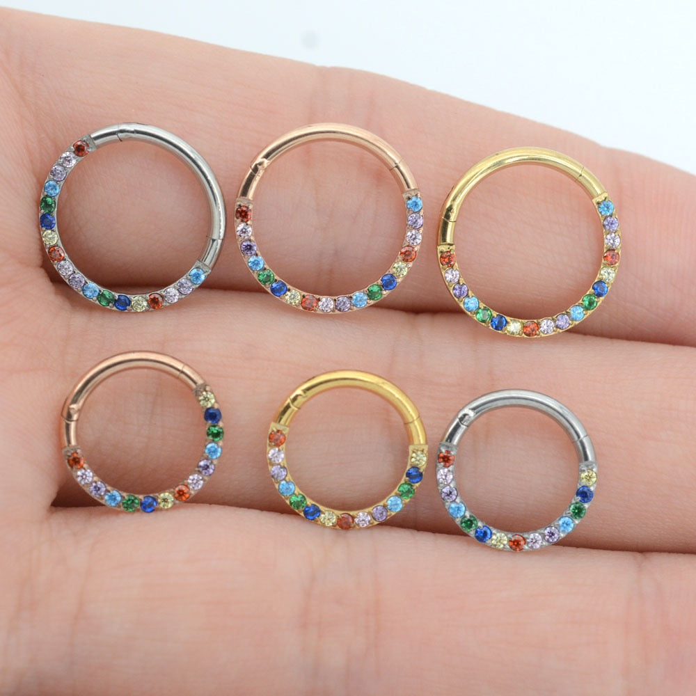 G23 Titanium Waterproof Rainbow 5A CZ Clicker Hoop for Daith & Septum Piercings