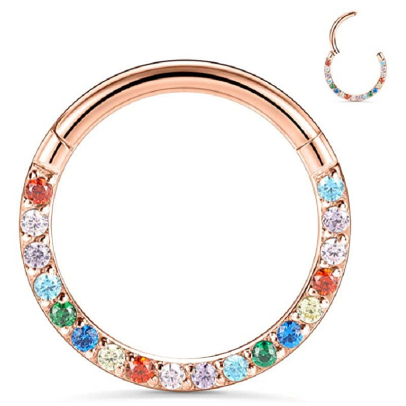 G23 Titanium Waterproof Rainbow 5A CZ Clicker Hoop for Daith & Septum Piercings
