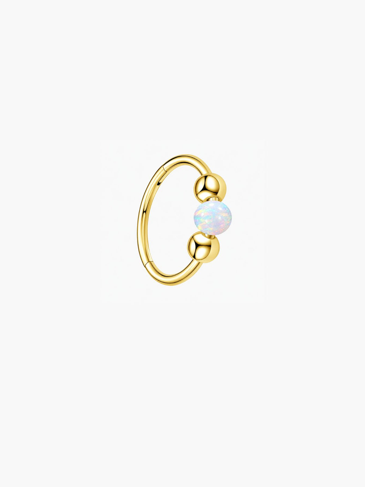 Gold G23 titanium clicker hoop with luminous white opal bead for cartilage and ear piercings