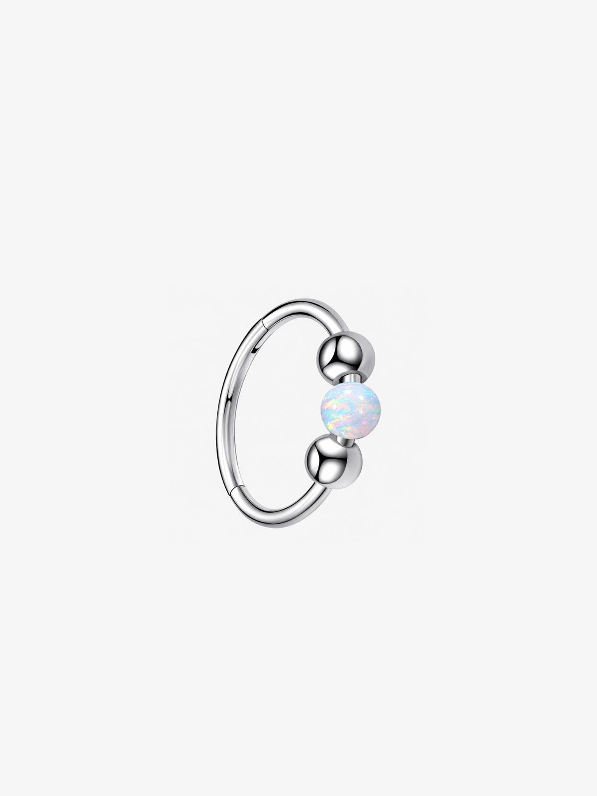 Silver G23 titanium seamless clicker ring featuring an iridescent white opal center bead