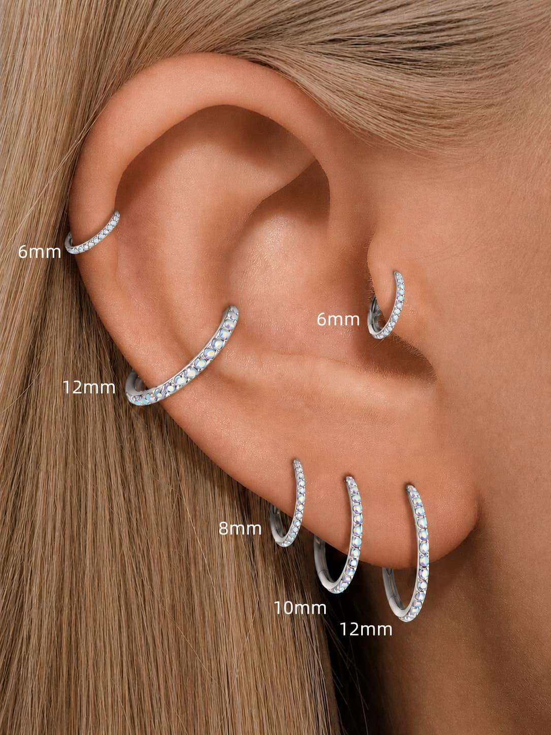 AB zirconia clicker hoop size guide for helix conch lobe tragus and cartilage piercings