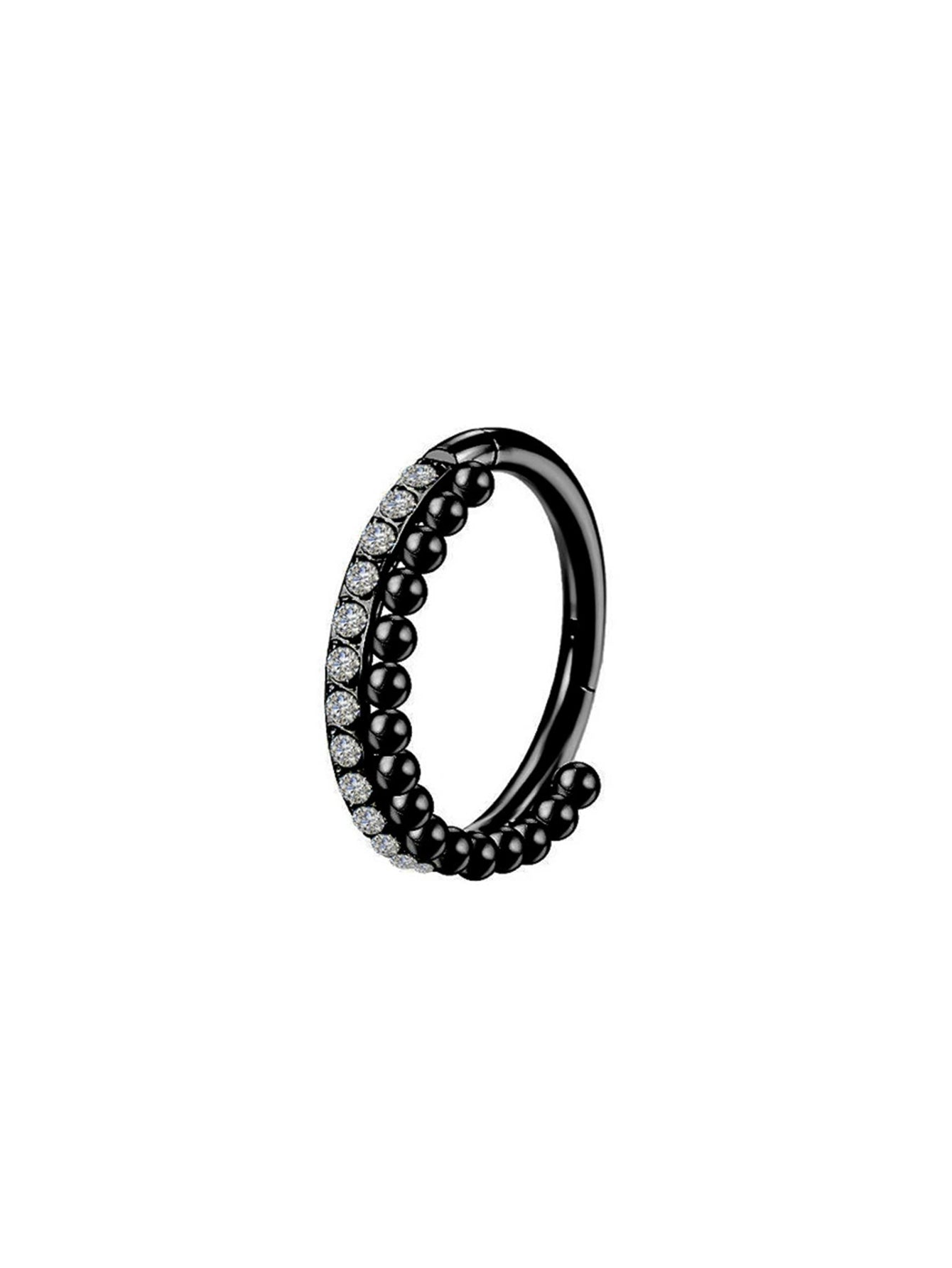 Black titanium CZ beaded clicker hoop ring with polished bead detail