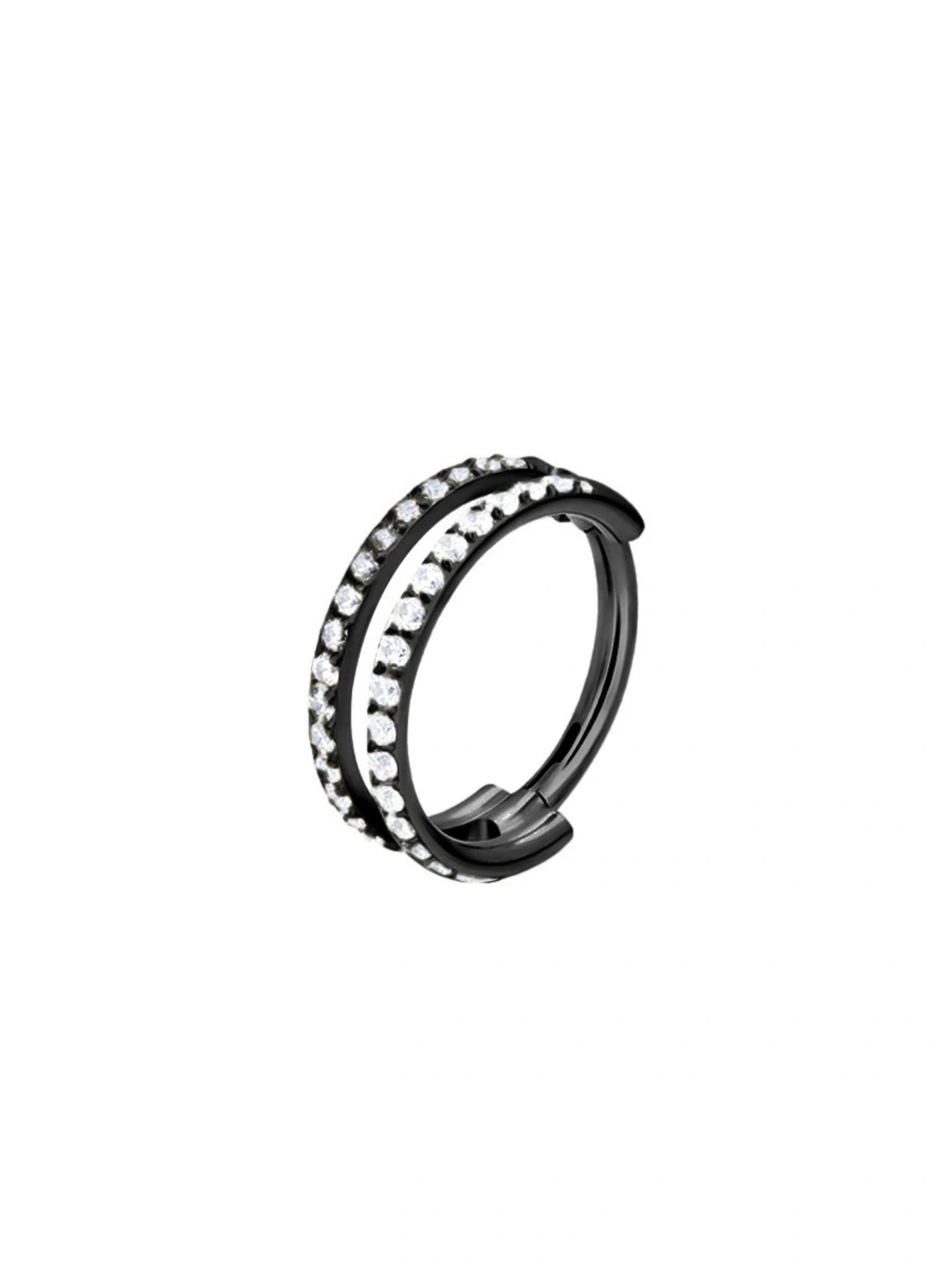 Black G23 titanium double CZ clicker hoop ring with clear cubic zirconia stones