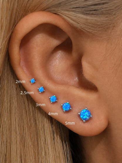 Blue opal flat back stud size comparison from 2mm to 5mm shown on ear
