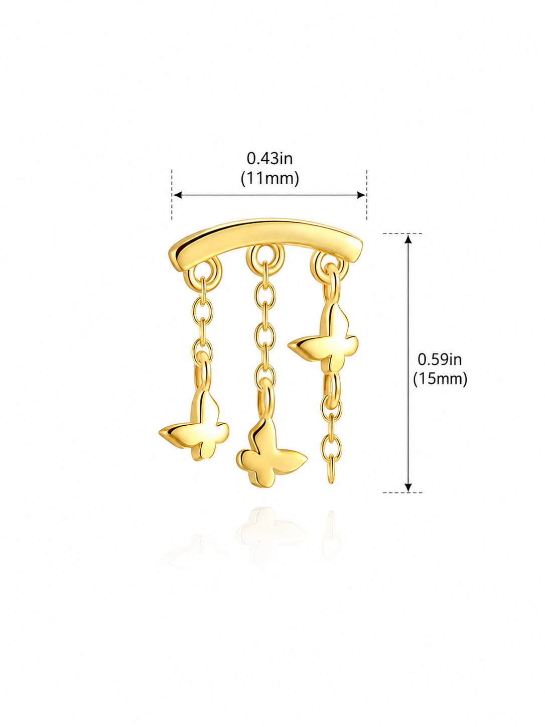 925 sterling silver butterfly hidden helix stud size guide showing 11mm width and 15mm height