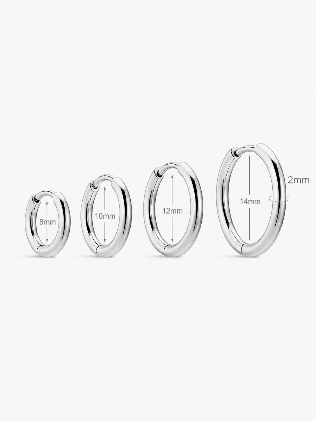 Polished clicker hoop piercing rings with 2mm thickness in 8mm, 10mm, 12mm and 14mm inner diameter sizes.