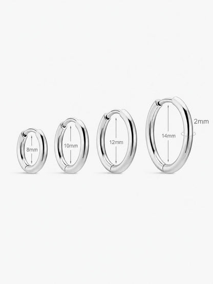 Polished clicker hoop piercing rings with 2mm thickness in 8mm, 10mm, 12mm and 14mm inner diameter sizes.