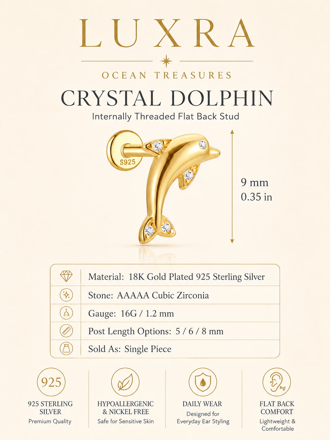 Crystal dolphin internally threaded flat back stud in 18K gold plated 925 sterling silver with cubic zirconia