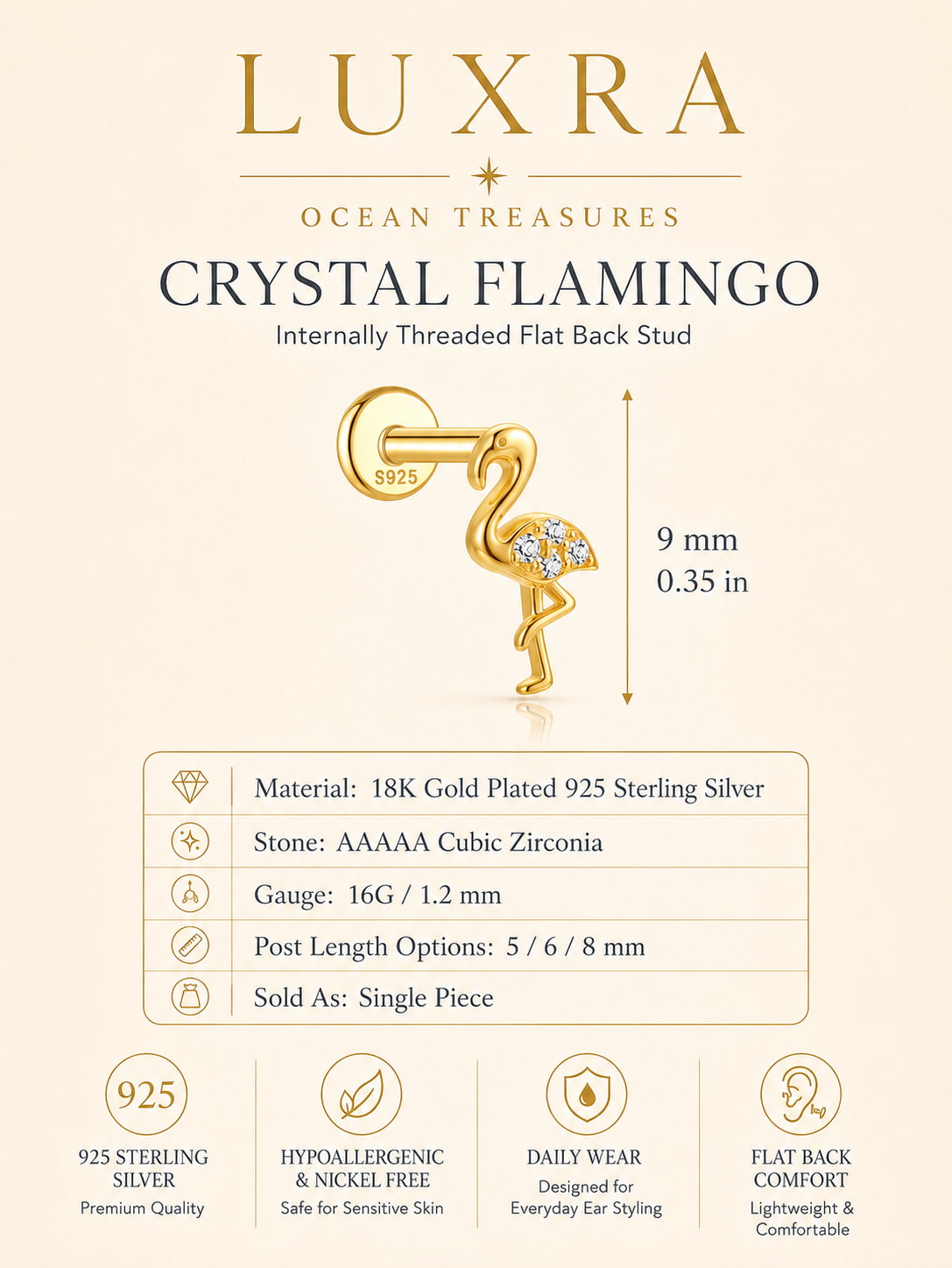 Crystal flamingo internally threaded flat back stud in 18K gold plated 925 sterling silver with cubic zirconia