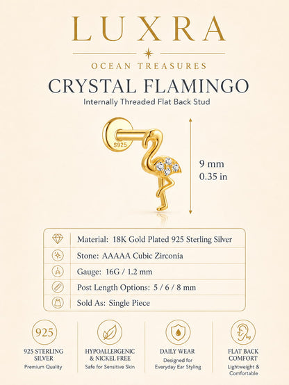 Crystal flamingo internally threaded flat back stud in 18K gold plated 925 sterling silver with cubic zirconia