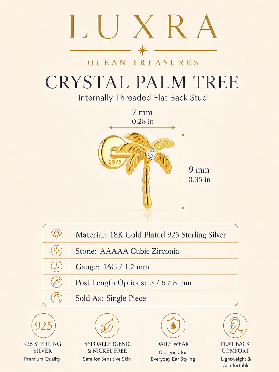 Crystal palm tree internally threaded flat back stud in 18K gold plated 925 sterling silver with cubic zirconia