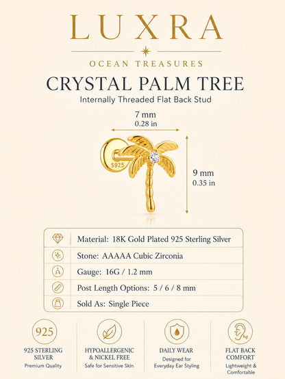 Crystal palm tree internally threaded flat back stud in 18K gold plated 925 sterling silver with cubic zirconia