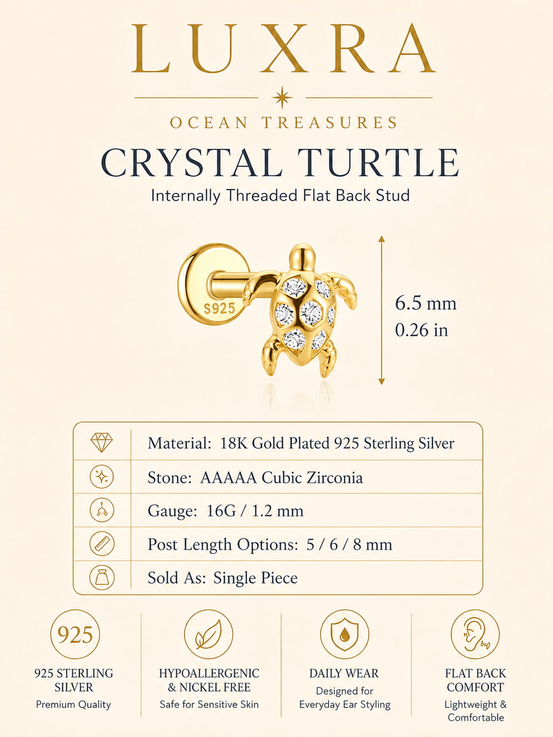 Crystal sea turtle internally threaded flat back stud in 18K gold plated 925 sterling silver with cubic zirconia
