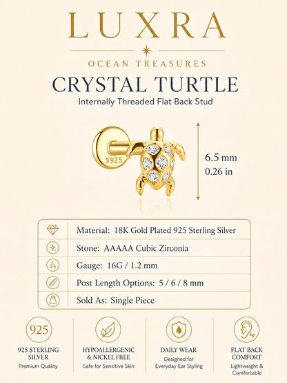 Crystal sea turtle internally threaded flat back stud in 18K gold plated 925 sterling silver with cubic zirconia