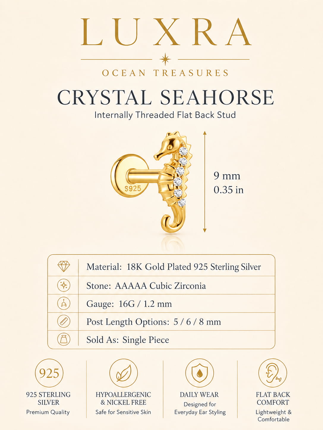 Crystal seahorse internally threaded flat back stud in 18K gold plated 925 sterling silver with cubic zirconia