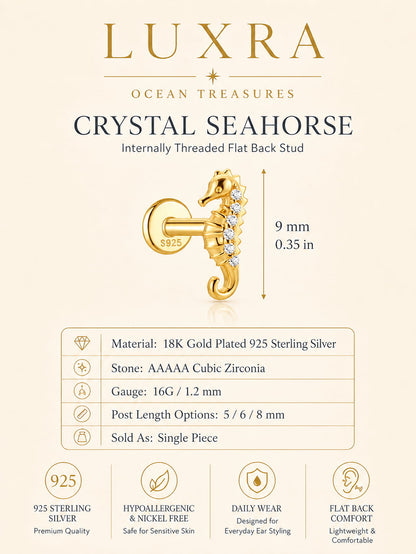 Crystal seahorse internally threaded flat back stud in 18K gold plated 925 sterling silver with cubic zirconia