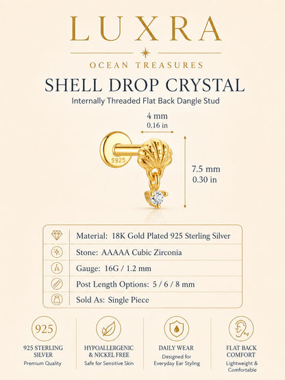 Crystal seashell drop internally threaded flat back stud in 18K gold plated 925 sterling silver with cubic zirconia