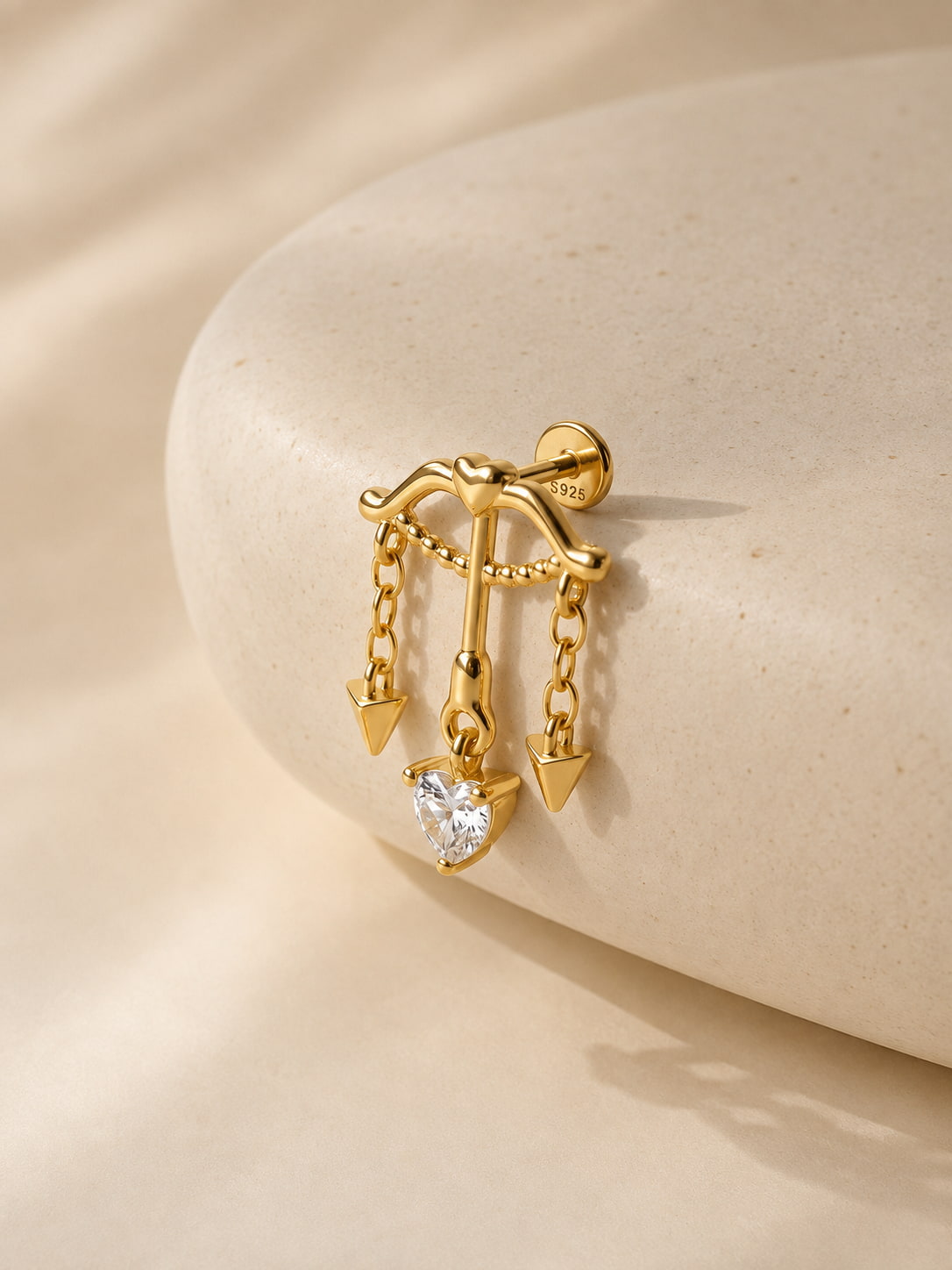 Cupid's bow heart dangle 925 sterling silver hidden helix stud in gold tone