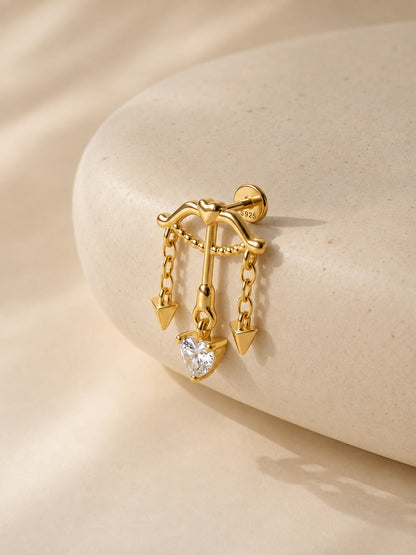 Cupid's bow heart dangle 925 sterling silver hidden helix stud in gold tone