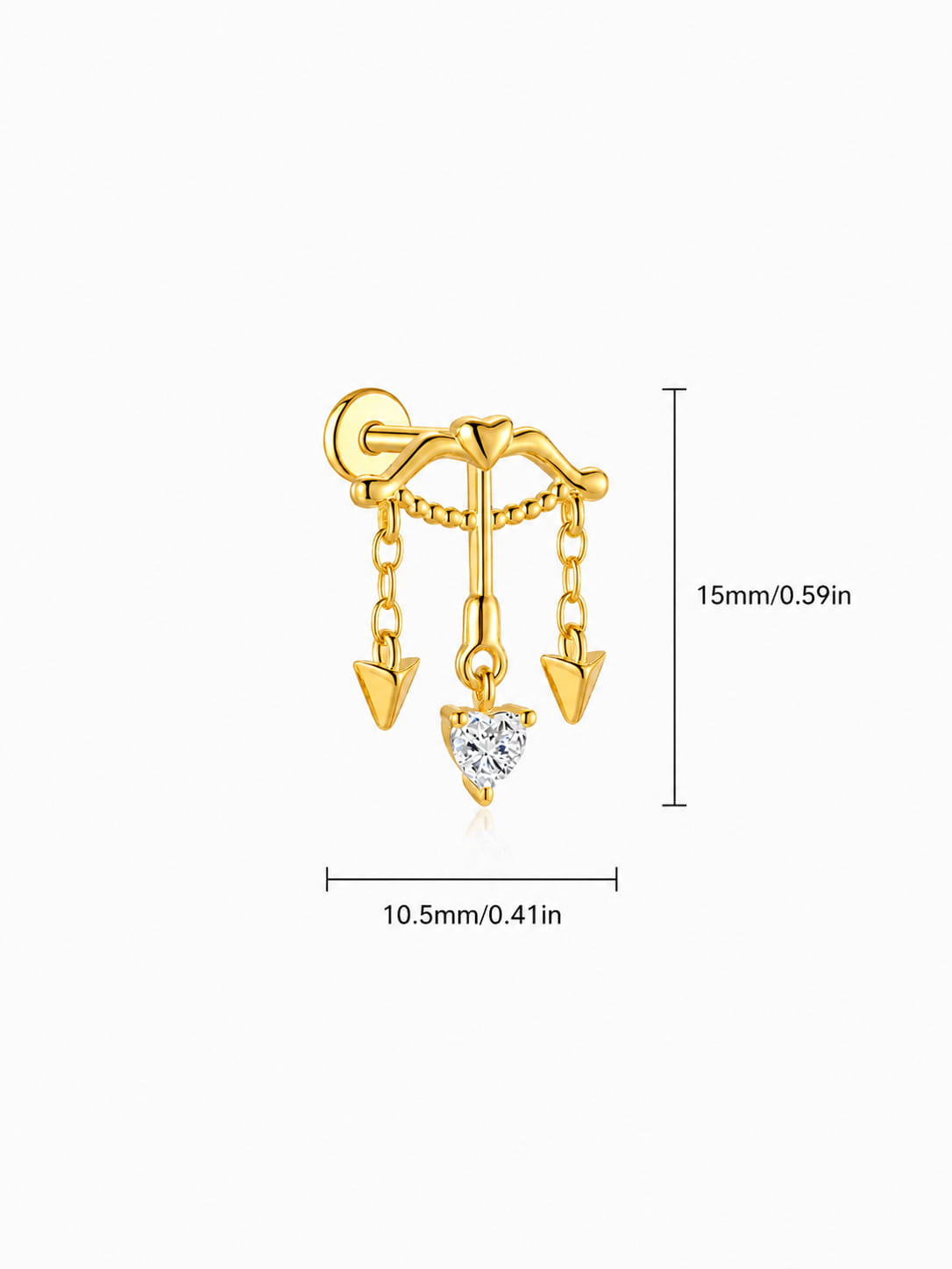 Cupid's bow hidden helix stud size showing 10.5mm width and 15mm height