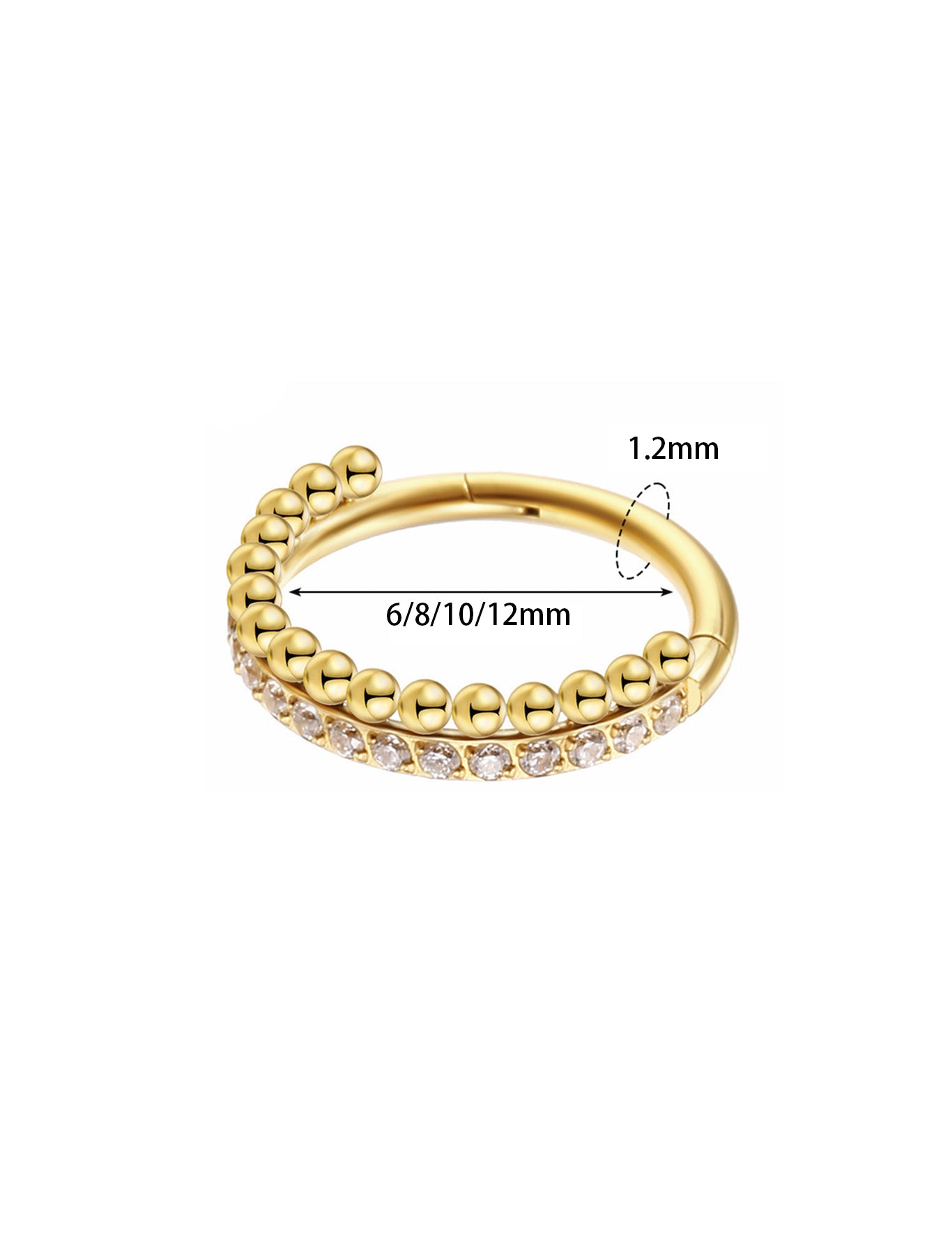 CZ beaded clicker hoop ring size guide showing 1.2mm gauge and 6 8 10 12mm inner diameter
