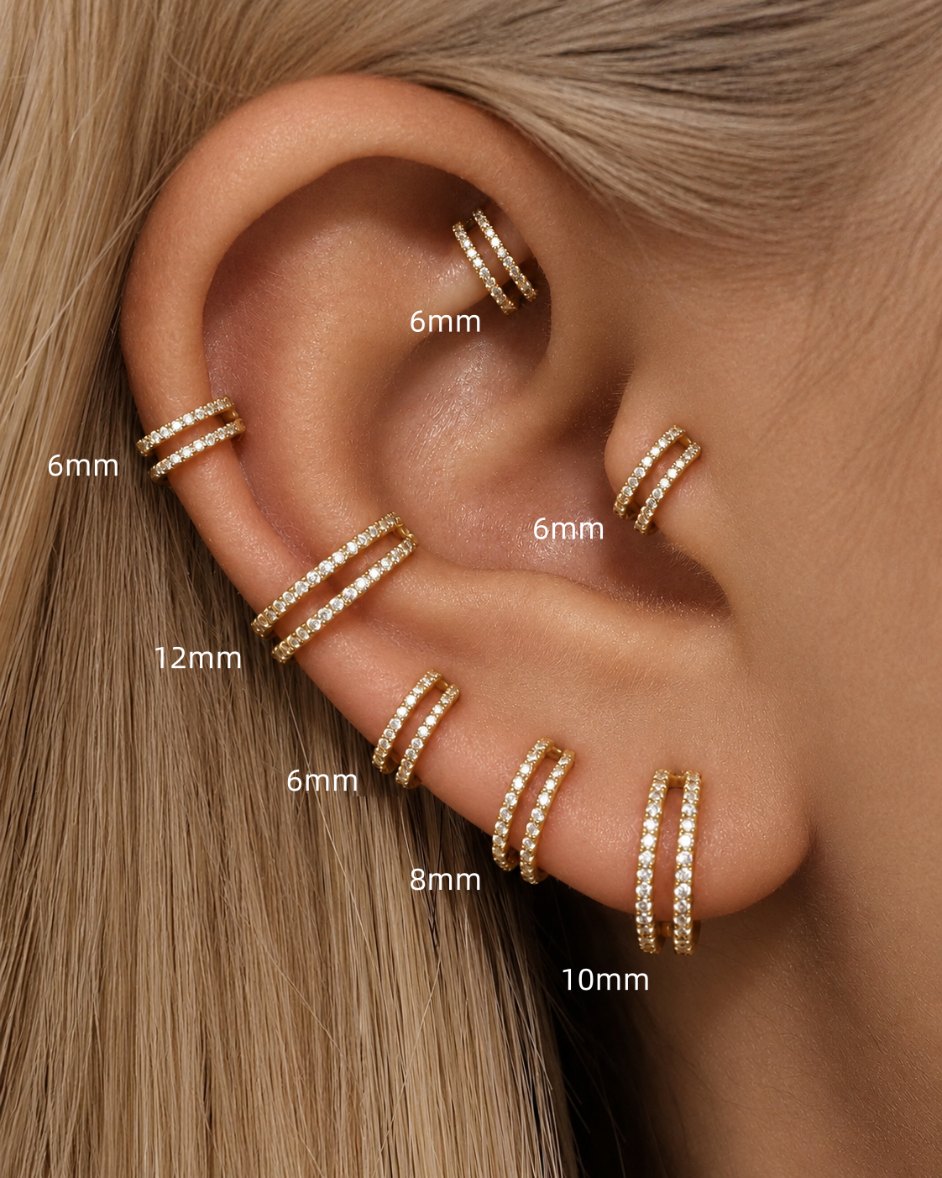 Double CZ clicker hoop size guide for helix conch lobe tragus and cartilage piercings