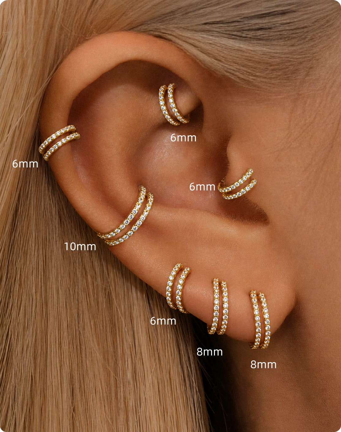 Double CZ clicker hoop size guide for helix conch lobe tragus and cartilage piercings