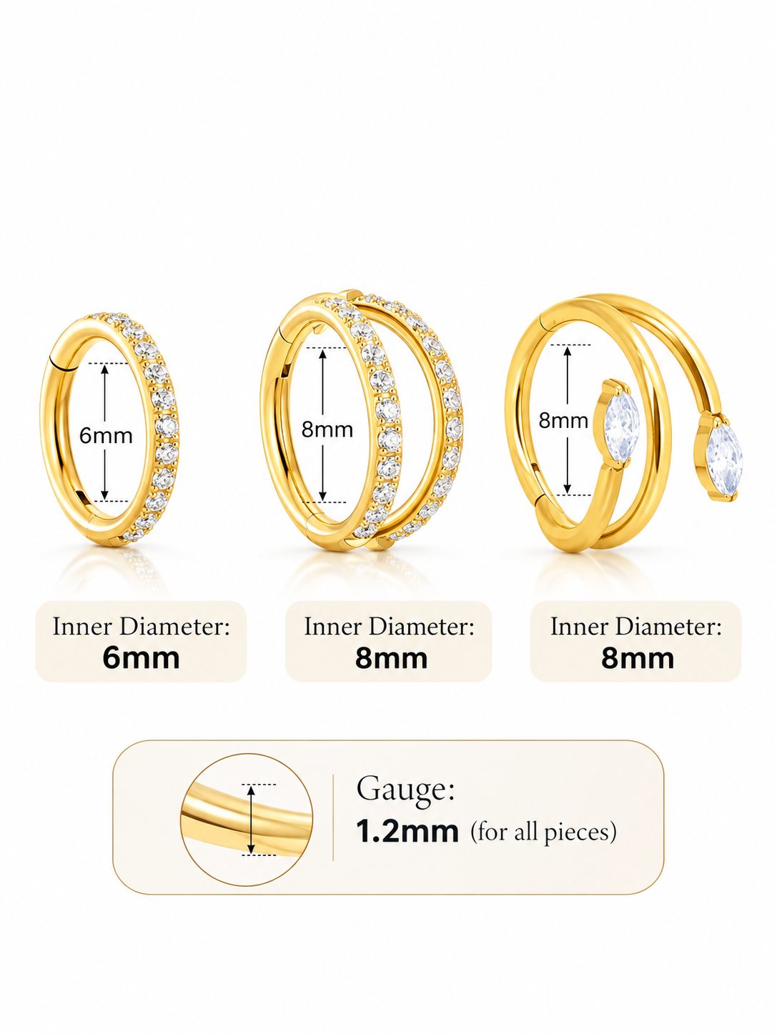 Gold G23 titanium CZ ear stack set showing 6mm and 8mm inner diameters with 1.2mm gauge