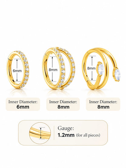 Gold G23 titanium CZ ear stack set showing 6mm and 8mm inner diameters with 1.2mm gauge