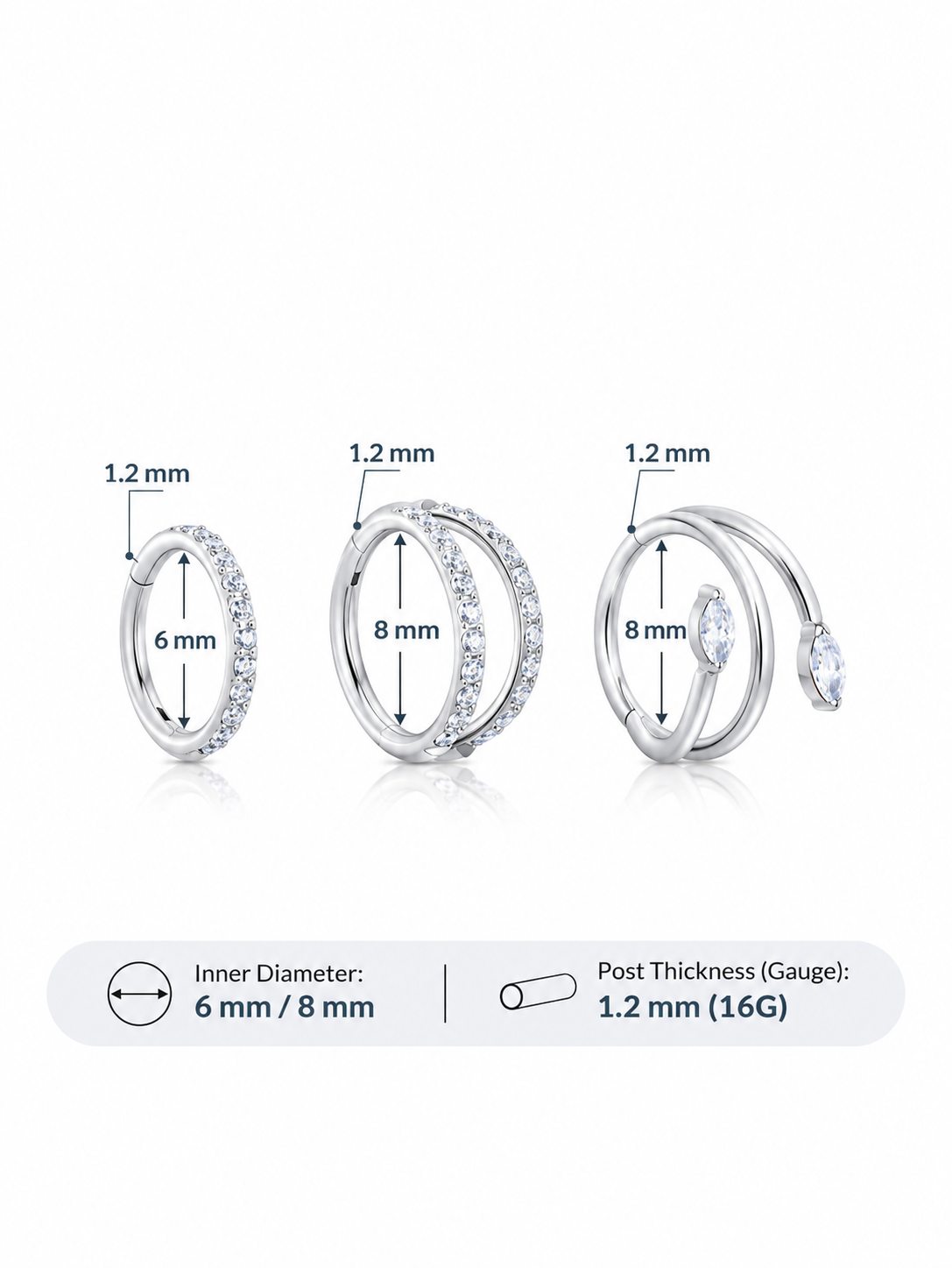 Silver G23 titanium 3-piece ear stack set with 6mm and 8mm inner diameters and 16G gauge
