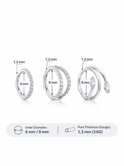 Silver G23 titanium 3-piece ear stack set with 6mm and 8mm inner diameters and 16G gauge